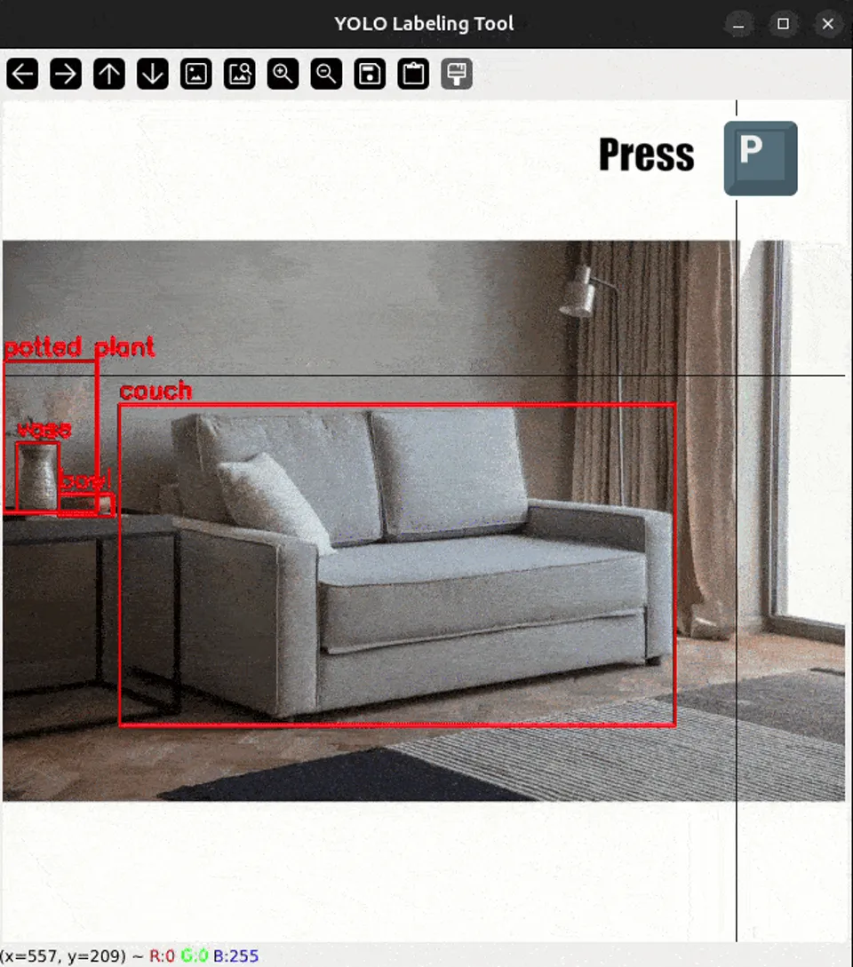 Annotation tool identifying furniture in an image with colored bounding boxes
